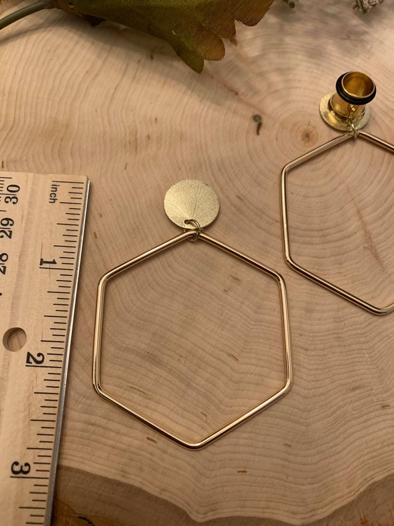 8g-58 Large Gold Hexagon Lightweight Hoop Drop Dangle Earrings GaugesEarplugs Hider Plugs 16mm
