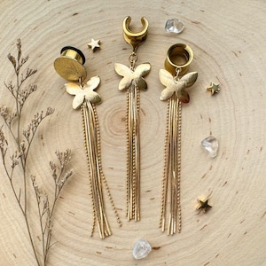 2g (6mm) - 1 3/16 (30mm) 18k Butterfly Tassels Drop Dangle Earrings Gauges/Earplugs Hider Plugs
