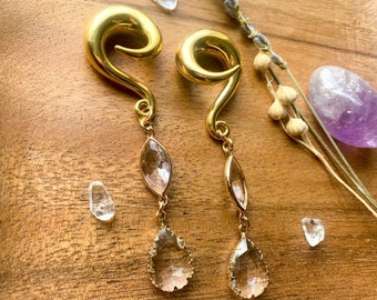 6g 2g 0g 00g Gold Tone Plated Glass Ear Hooks Lightweight Drop Dangle Earrings Gauges/Earplugs Plugs