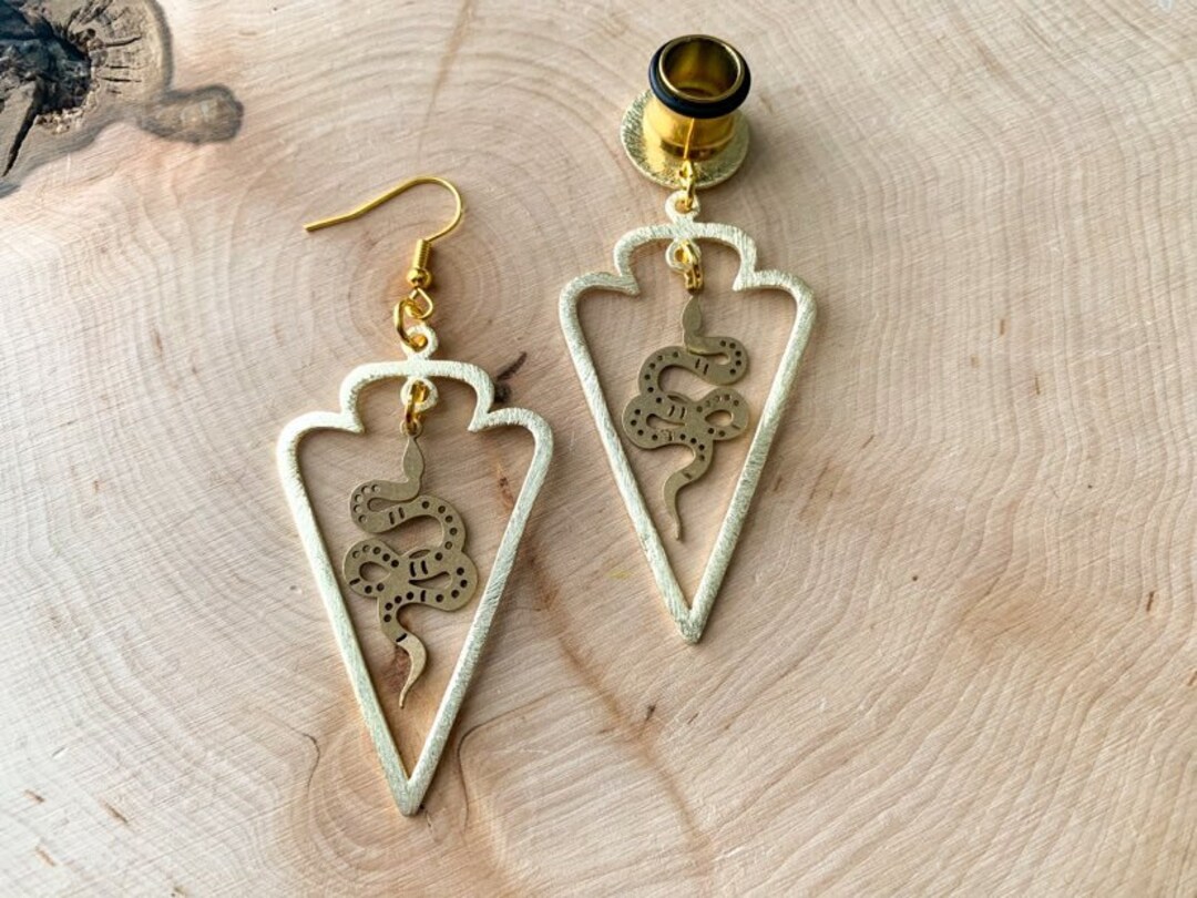 4g-1&#39; (25mm) Gold Triangle Hoop w/ Brass Snake Lightweight Drop Dangle Earrings Gauges/Earplugs Hider Plugs