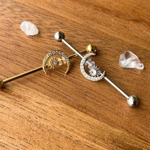 Moon and Star Industrial Barbell in Silver or Gold 14g Surgical Steel