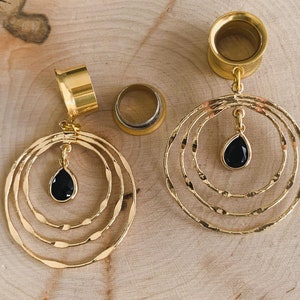 2g (6 mm) -1 &#39;(25 mm) 24k Farbe Gold Tri-Creolen mit schwarzem Glas Center baumeln Ohrringe Gauges/Ohrstöpsel Tunnel Plugs Ohrringe