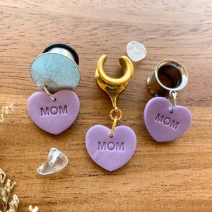 6g 4mm 1 3/16 30mm Purple Mother's Day 'Mom' Hearts Saddles Hiders Drop Dangle Earrings Gauges/Earplugs Plugs image 3