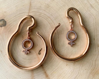 Rose Gold Steel Spiral Hangers w/CZ Female Symbol Plugs Earrings