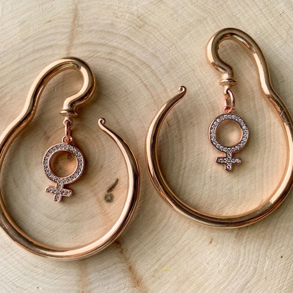 Rose Gold Steel Spiral Hangers w/CZ Female Symbol Plugs Earrings