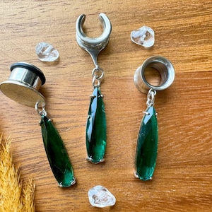 6g (4mm) - 1 3/16 (30mm) Silver and Green Elegant Tear Saddles Hiders Drop Dangle Earrings Gauges/Earplugs Plugs