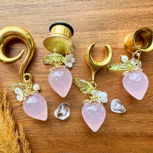 6g (4mm) - 1 3/16 (30mm) Dainty Gold and Pink Strawberry Drop Dangle Earrings Gauges/Earplugs Hider Plugs