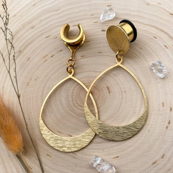 8g (3mm) - 1 3/16 (30mm) Gold Tear Hoop w/Brushed Finish Lightweight Drop Dangle Earrings Gauges/Earplugs Hider Plugs