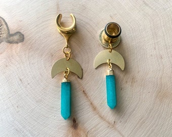 2g (6mm) - 1' (25mm) Gold Brass & Aventurine Stone Saddles Hiders Drop Dangle Earrings Gauges/Earplugs Plugs