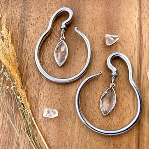 Silver Steel Spiral Hangers w/Clear Oval Tear Plugs Earrings