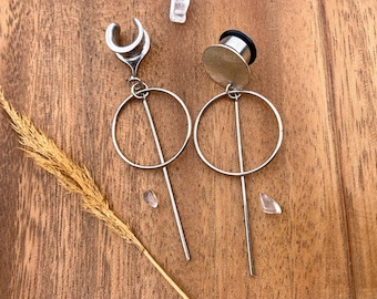 6g (4mm) - 1 3/16 (30mm) Silver Hoop w/Bar Lightweight Drop Dangle Earrings Gauges/Earplugs Saddles Hider Plugs