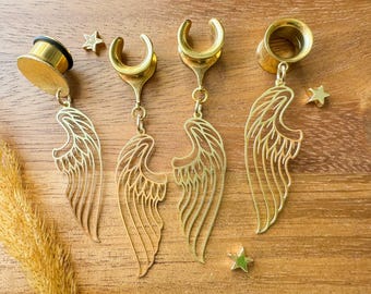 6g (4mm) - 1 3/16 (30mm) Gold Angel Wings Saddles Hiders Drop Dangle Earrings Gauges/Earplugs Plugs