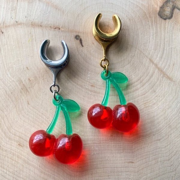 2g (6mm) - 1 3/16 (30mm) Red Cherry Charm Saddle Earrings Lightweight Drop Dangle Gauges/Earplugs Plugs