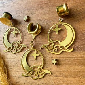 6g (4mm) - 1 3/16 (30mm) 24k Gold Plated Night Sky Saddles Hiders Drop Dangle Earrings Gauges/Earplugs Plugs