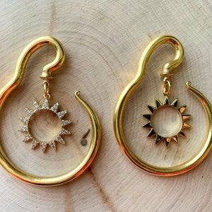 Gold Steel Spiral Hangers w/18k Gold CZ Sun Plugs Earrings