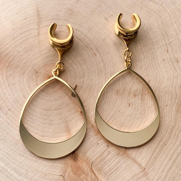 2g (6mm) - 1 3/16 (30mm) 18k Gold Plated Tear Hoop Saddles Drop Dangle Earrings Gauges/Earplugs Plugs