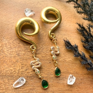 6g 2g 0g 00g Gold Zircon Snake w/Green Glass Jewel Ear Hooks Lightweight Drop Dangle Earrings Gauges/Earplugs Plugs
