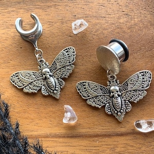 6g (4mm) - 1 3/16 (30mm) Silver Death Head Moth Saddles Hiders Drop Dangle Earrings Gauges/Earplugs Plugs