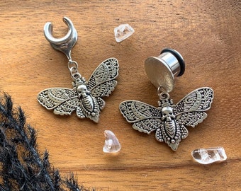 6g (4mm) - 1 3/16 (30mm) Silver Death Head Moth Saddles Hiders Drop Dangle Earrings Gauges/Earplugs Plugs