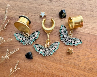 8g (3mm) - 1 3/16 (30mm) Dainty Floral Moth Drop Dangle Earrings Gauges/Earplugs Hider Plugs