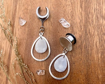 6g (4mm) - 1 3/16 (30mm) Small Silver Tear Hoop w/White Acetate Piece Lightweight Drop Dangle Earrings Gauges/Earplugs Hider Plugs