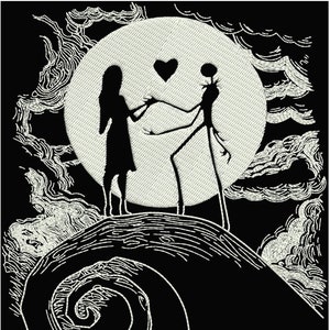 May include: Black and white embroidered design of a skeleton couple standing on a hill with a full moon behind them. The skeleton couple is holding hands and a heart is floating between them.