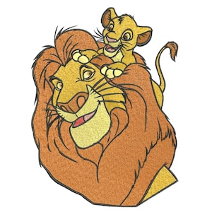 May include: A cartoon illustration of a brown lion with a yellow mane and a smaller yellow lion cub on top of his head. Both lions are smiling.