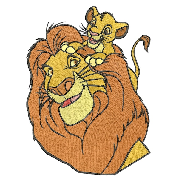 Disegno di ricamo a macchina. Il Re Leone Simba. Il cucciolo e il leone adulto