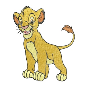 Puede incluir: Una ilustración de dibujos animados de un cachorro de león amarillo con una melena y cola marrones. El cachorro de león está de pie sobre sus cuatro patas y tiene una expresión feliz en su rostro.