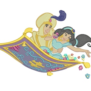 May include: A purple and gold magic carpet with a yellow-clad man and a woman with long black hair and a blue dress riding on it. The woman is holding a flower and scattering flowers from the carpet.