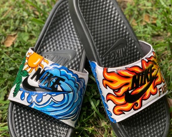 Custom Nike Slides Fire & Water Handpainted Graphic Shoes