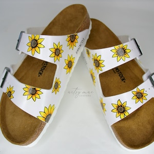 Custom Hand Painted Leather Birkenstock Sandals with Sunflowers