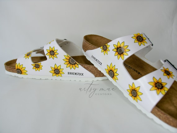 Custom Hand Painted Leather Birkenstock Sandals with Sunflowers