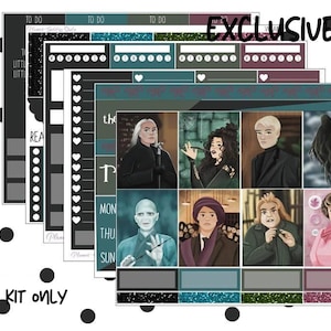 May include: A digital planner kit featuring a Harry Potter theme. The kit includes a range of stickers, including characters from the Harry Potter series, such as Severus Snape, Bellatrix Lestrange, and Draco Malfoy. The kit also includes a variety of other stickers, such as a calendar, a to-do list, and a quote sticker. The kit is designed to help you plan your day and stay organised.