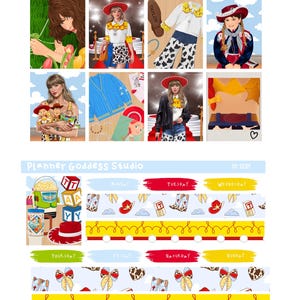 Puede incluir: Una hoja de pegatinas titulada Planner Goddess Studio Tay Story con ilustraciones de una persona con atuendo de vaquero, un c&aacute;rdigan azul, gr&aacute;ficos de juguetes, palomitas y etiquetas de planificador diario con botas, sombreros y bloques.