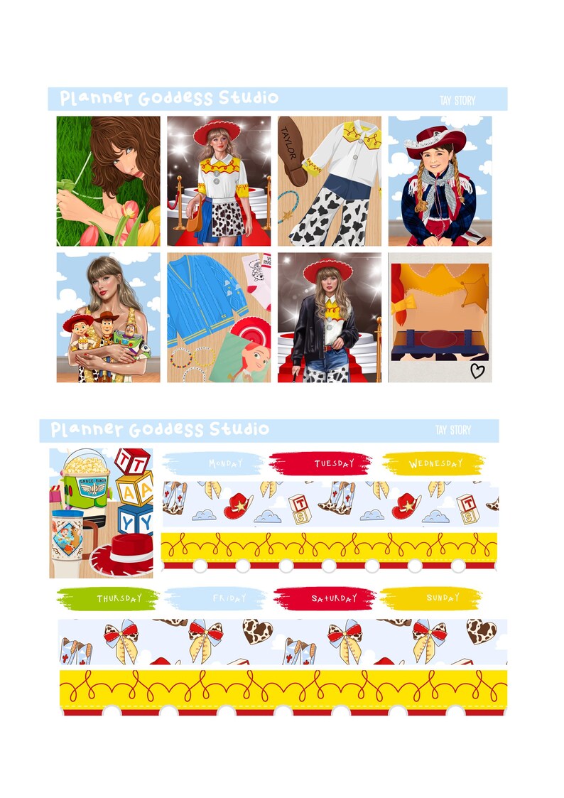 Puede incluir: Una hoja de pegatinas titulada Planner Goddess Studio Tay Story con ilustraciones de una persona con atuendo de vaquero, un c&aacute;rdigan azul, gr&aacute;ficos de juguetes, palomitas y etiquetas de planificador diario con botas, sombreros y bloques.