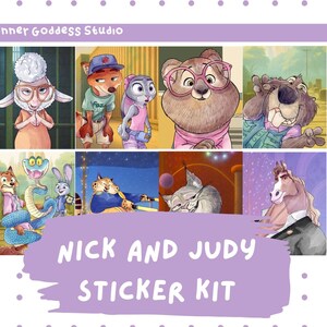 May include: A sticker kit featuring illustrations of characters from the animated film "Zootopia." The design includes images of Nick and Judy, along with other characters. The text "NICK AND JUDY STICKER KIT" is displayed on a purple background.