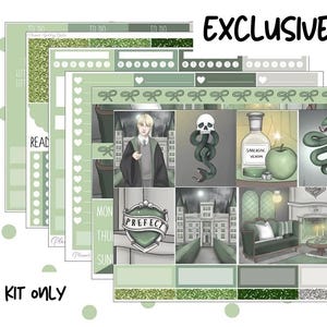 May include: A digital planner sticker kit with a green and grey colour scheme. The kit features a character from the Harry Potter series, a snake, a potion bottle, a castle, and a fireplace. The text "PREFECT" is on a green shield.