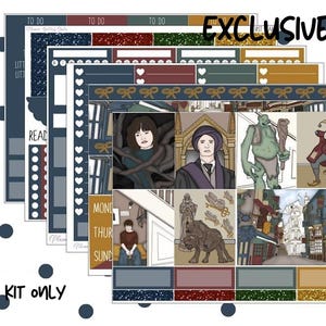 May include: A digital planner sticker kit with a Harry Potter theme. The stickers feature illustrations of characters, creatures, and locations from the books and films. The stickers are in a variety of colours, including blue, red, green, and gold. The stickers are designed to be used in a planner or journal.