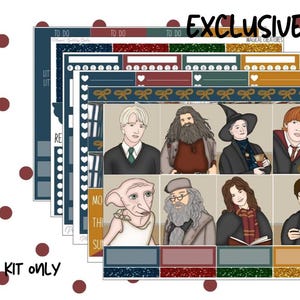May include: A digital planner sticker kit featuring characters from the Harry Potter series. The stickers are in a blue, red, green, and gold colour scheme. The characters include Harry Potter, Ron Weasley, Hermione Granger, Draco Malfoy, and more. The text "EXCLUSIVE ART" and "MAGICAL CREATURES" is visible on the stickers.