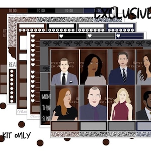 May include: A digital planner kit featuring characters from the TV show "How to Get Away with Murder". The kit includes a variety of stickers, boxes, and other planner elements in brown, black, and white.