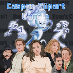 Könnte beinhalten: Eine digitale Illustration mit dem Text Casper Clipart Bundle oben, drei hellblauen Cartoon-Geistern über einer Gruppe von sechs realistischen menschlichen Charakteren, darunter eine Person mit schwarzem Hut und ein cremefarbenes Oberteil.