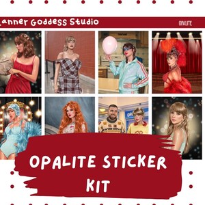 Può includere: Un kit di adesivi con il testo "Planner Goddess Studio" e "Opalite Sticker Kit" in un banner bordeaux. Il kit presenta otto immagini di una donna in vari outfit e ambientazioni, con uno sfondo a pois rossi e bianchi.