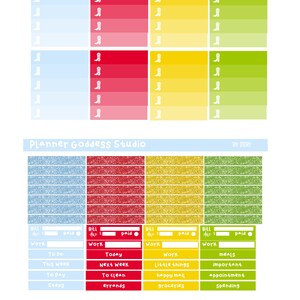 Puede incluir: Un conjunto de pegatinas para agenda con dos hojas que incluyen el texto Planner Goddess Studio y Tay Story. Las pegatinas presentan columnas de colores s&oacute;lidos en azul, rojo, amarillo y verde con iconos de botas vaqueras blancas.
