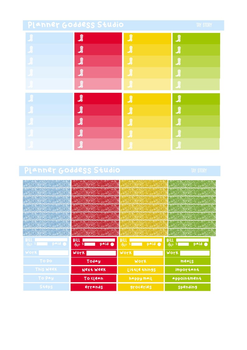 Puede incluir: Un conjunto de pegatinas para agenda con dos hojas que incluyen el texto Planner Goddess Studio y Tay Story. Las pegatinas presentan columnas de colores s&oacute;lidos en azul, rojo, amarillo y verde con iconos de botas vaqueras blancas.