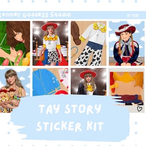 Puede incluir: Un kit de pegatinas titulado Tay Story de Planner Goddess Studio con ilustraciones de una persona con falda de estampado de vaca, camisa blanca con detalles amarillos, sombrero rojo, c&aacute;rdigan azul y accesorios de juguetes en cuadr&iacute;cula.