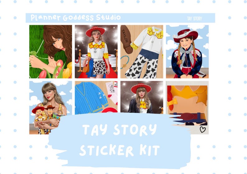 Puede incluir: Un kit de pegatinas titulado Tay Story de Planner Goddess Studio con ilustraciones de una persona con falda de estampado de vaca, camisa blanca con detalles amarillos, sombrero rojo, c&aacute;rdigan azul y accesorios de juguetes en cuadr&iacute;cula.
