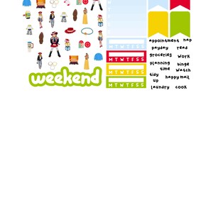 Puede incluir: Una hoja de pegatinas con la marca Planner Goddess Studio y el texto Tay Story. Incluye ilustraciones de figuras de vaqueras, botas de vaquero, sombreros rojos, camisas azules, vestidos amarillos, bloques de letras y banderas coloridas, adem&aacute;s de planificadores semanales.