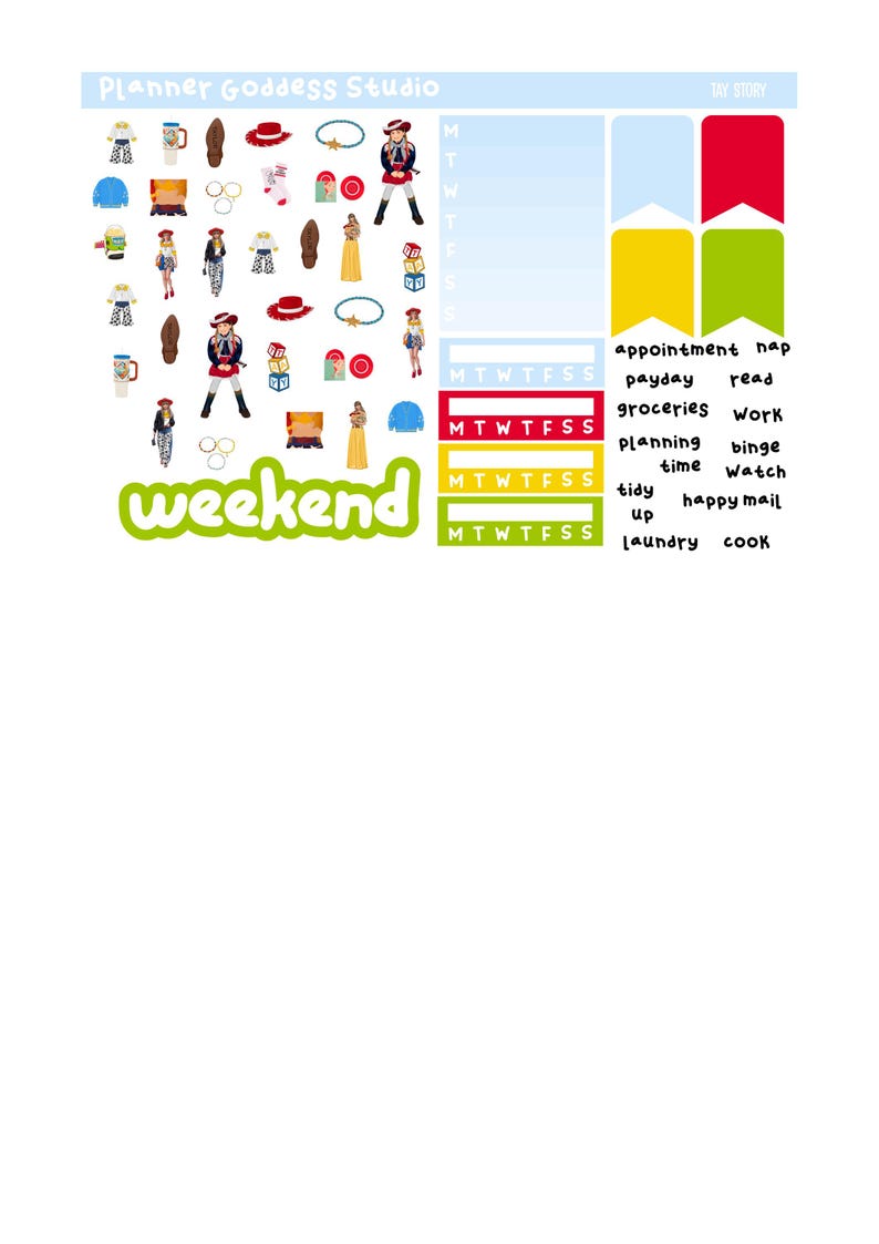 Puede incluir: Una hoja de pegatinas con la marca Planner Goddess Studio y el texto Tay Story. Incluye ilustraciones de figuras de vaqueras, botas de vaquero, sombreros rojos, camisas azules, vestidos amarillos, bloques de letras y banderas coloridas, adem&aacute;s de planificadores semanales.