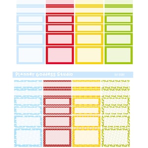 Puede incluir: Un conjunto de hojas de pegatinas etiquetado como Planner Goddess Studio y Tay Story, con dos filas de etiquetas rectangulares en azul, rojo, amarillo y verde. La fila superior contiene bloques de colores s&oacute;lidos y la inferior dise&ntilde;os estampados.